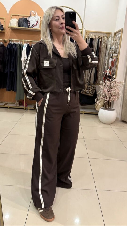 Saten Garnili Şeritli Spor Ceket Pantolon İkili Takım