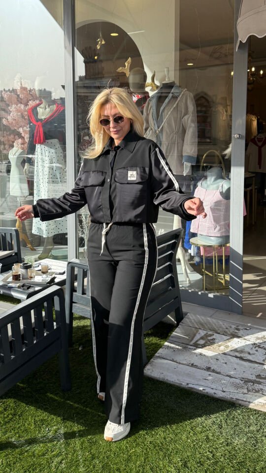 Saten Garnili Şeritli Spor Ceket Pantolon İkili Takım