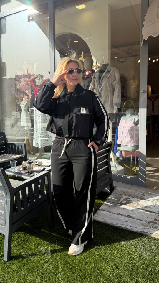 Saten Garnili Şeritli Spor Ceket Pantolon İkili Takım