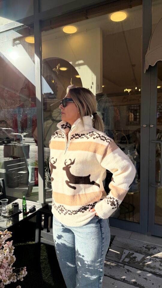 Marka Muadili Yarım Fermuar Peluş Sweat-Kahve Geyik Desen