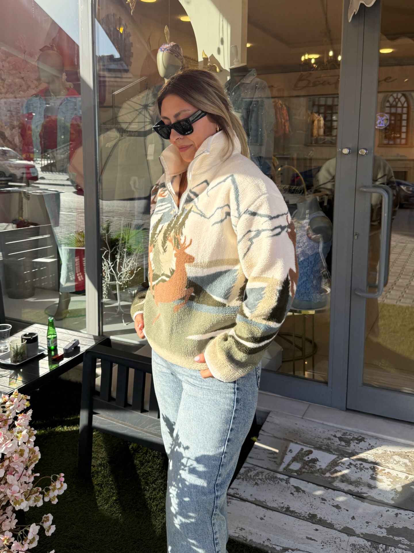 Marka Muadili Yarım Fermuar Peluş Sweat-Yeşil Kahve Geyik Desen