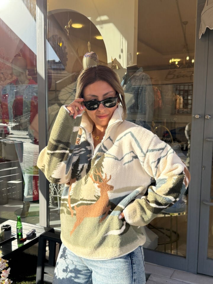 Marka Muadili Yarım Fermuar Peluş Sweat-Yeşil Kahve Geyik Desen
