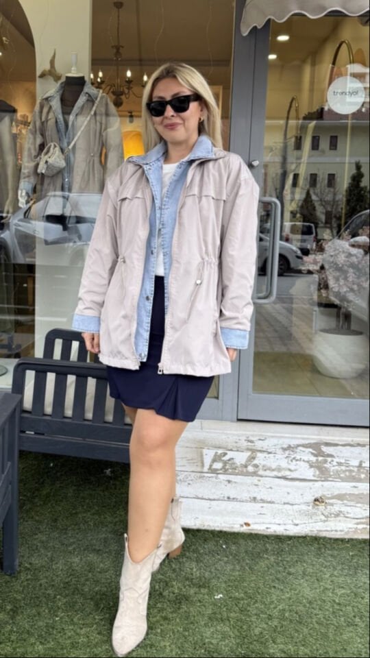 Tasarım Kot Garni Taşlı Yağmurluk&Trenç