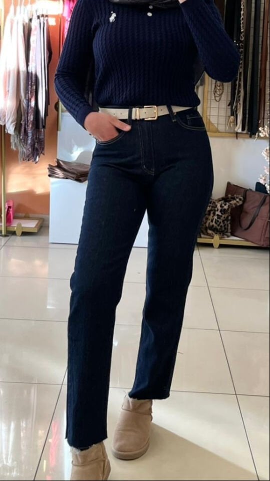 Lacivert Zra Boyfit Kesik Paça Boyfit Jean