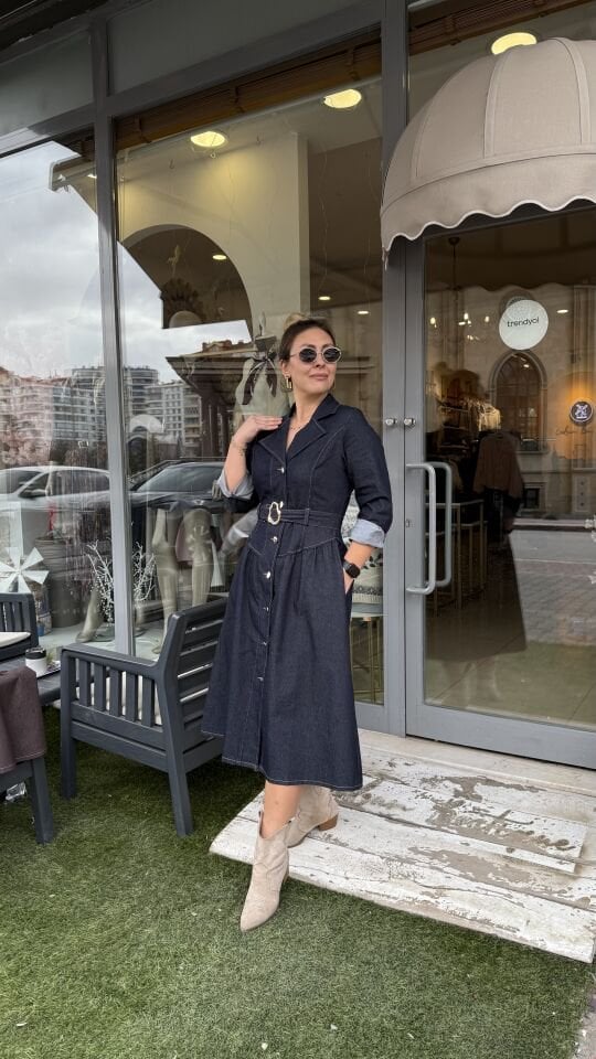 Premium Likralı Denim Elbise