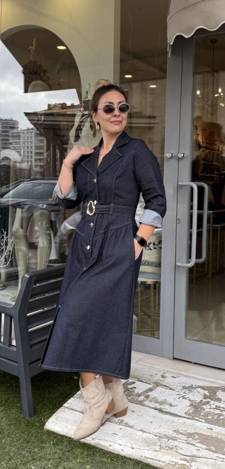 Premium Likralı Denim Elbise