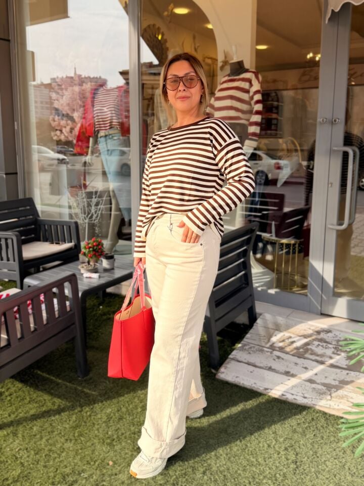 Kahve & Krem Çizgili Mevsimlik Triko