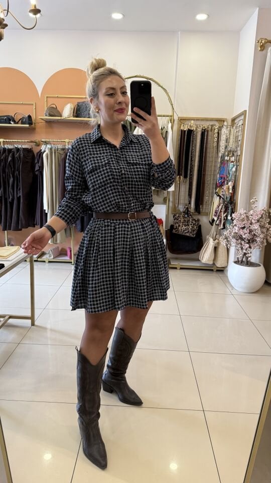 Bella Kemerli Ekose Elbise