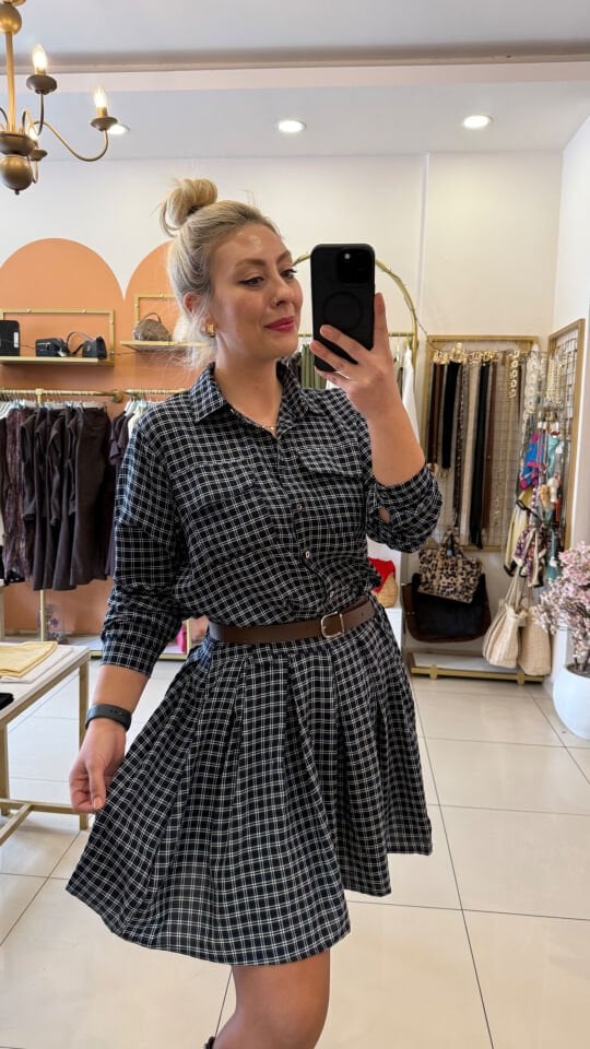 Bella Kemerli Ekose Elbise