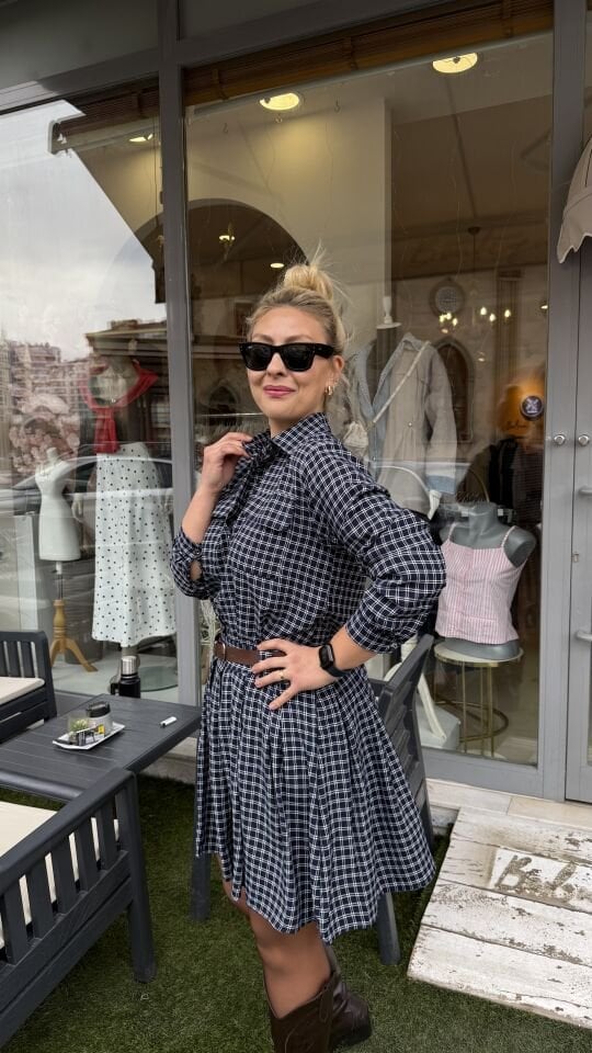 Bella Kemerli Ekose Elbise